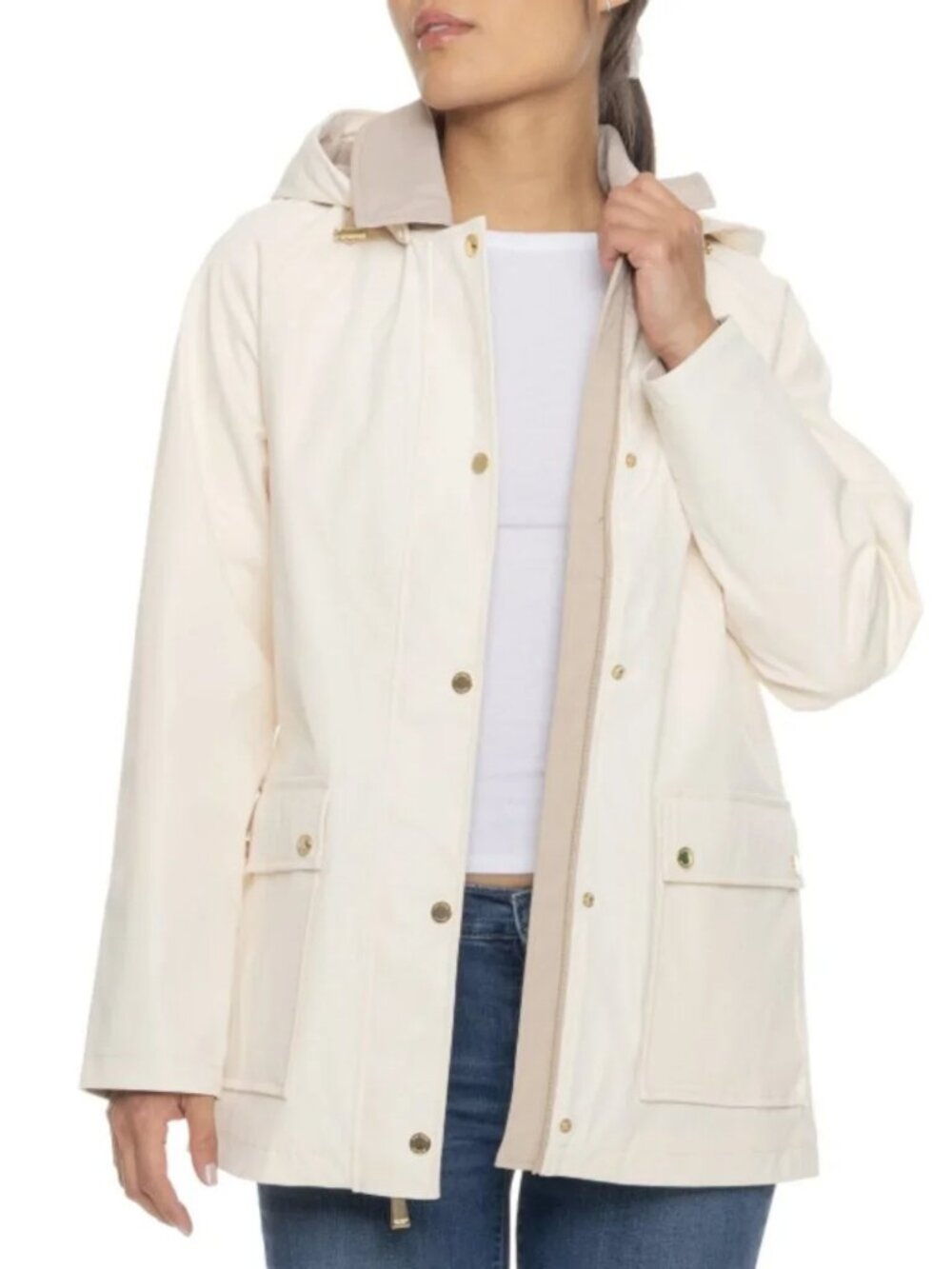 Kate Spade NWT Trench Rain Jacket Front Patch Zip - Cream Cashew Milk - Medium